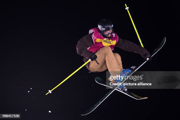 Sarah Hoefflin of Switzerland in action in the women's finals of the Big Air Freestyle Skiing World Cup at the SparkassenPark venue in...