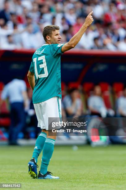 Thomas Mueller of Germany gestures during the 2018 FIFA World Cup Russia group F match between Korea Republic and Germany at Kazan Arena on June 27,...