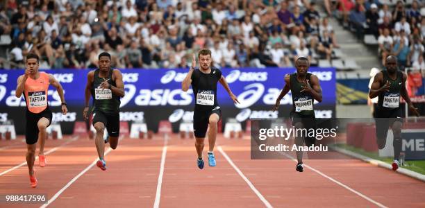 Hassan Taftian of Iran, Paulo Andre Camilo de Oliveira of Brazil, Christophe Lemaitre of France, Abdullah Abkar Mohammed of Saudi Arabia and Churandy...