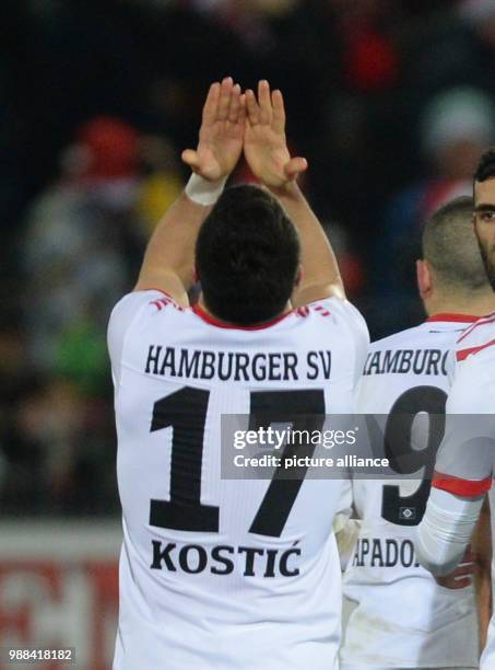 Hamburg's Filip Kostic holds up his hands after the German Bundesliga soccer match between SC Freiburg and Hamburger SV in the Schwarzwald stadium in...