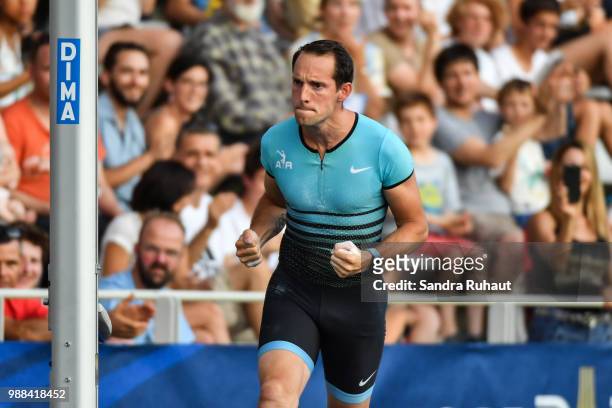 Renaud Lavillenie of France celebrates during the Pole Vault of the Meeting of Paris on June 30, 2018 in Paris, France.