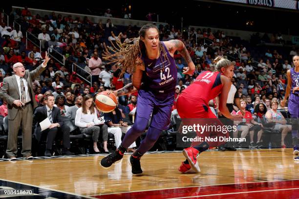 Brittney Griner of the Phoenix Mercury handles the ball against the Washington Mystics on June 30, 2018 at the Verizon Center in Washington, DC. NOTE...