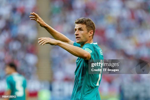 Thomas Mueller of Germany gestures during the 2018 FIFA World Cup Russia group F match between Korea Republic and Germany at Kazan Arena on June 27,...