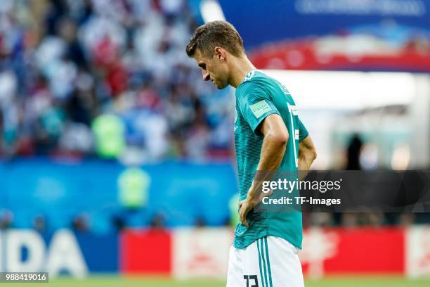 Thomas Mueller of Germany looks dejected after the 2018 FIFA World Cup Russia group F match between Korea Republic and Germany at Kazan Arena on June...