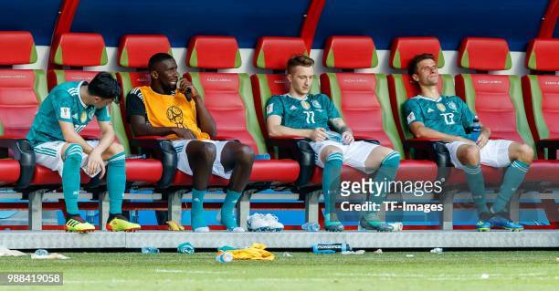 Mesut Oezil of Germany, Antonio Ruediger of Germany, Marco Reus of Germany and Thomas Mueller of Germany look dejected after the 2018 FIFA World Cup...