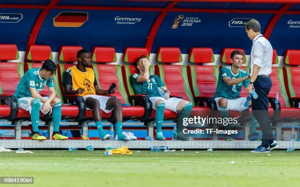 Mesut Oezil of Germany, Antonio Ruediger of Germany, Marco Reus of Germany and Thomas Mueller of Germany look dejected after the 2018 FIFA World Cup...