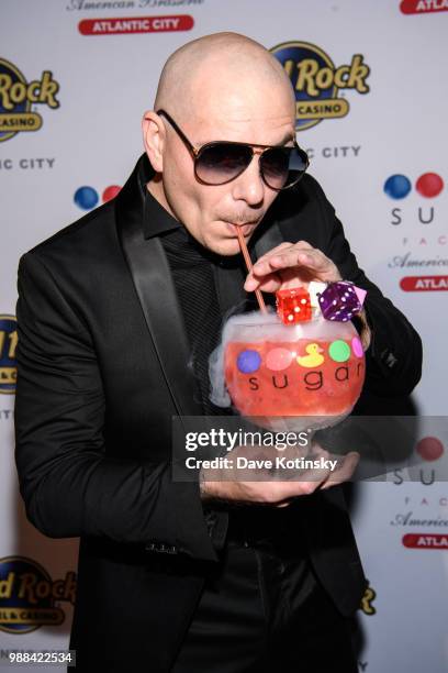 Pitbull attend the preview of the Sugar Factory at Hard Rock Hotel & Casino Atlantic City on June 30, 2018 in Atlantic City, New Jersey.