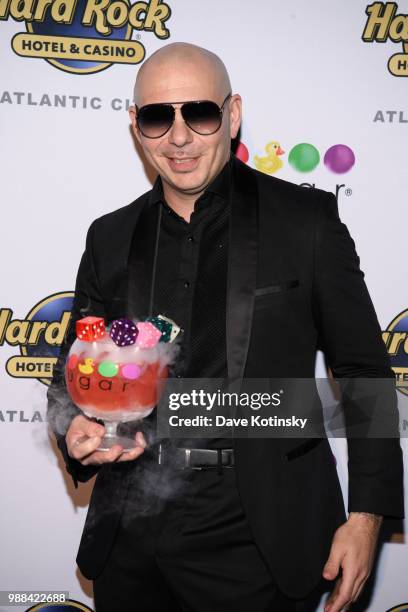 Pitbull attend the preview of the Sugar Factory at Hard Rock Hotel & Casino Atlantic City on June 30, 2018 in Atlantic City, New Jersey.