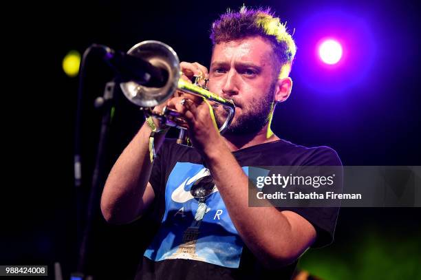 Dylan Jones of Ezra Collective performs on the Arena Stage on day 2 of Love Supreme Festival on June 30, 2018 in Brighton, England.