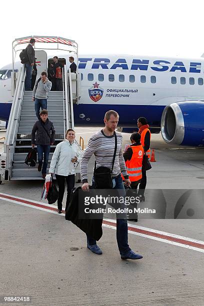 Ramunas Siskauskas, #9 of CSKA Moscow walks across the runway during the team's arrival at Charles de Gaulle Airport on May 4, 2010 in Paris, France.