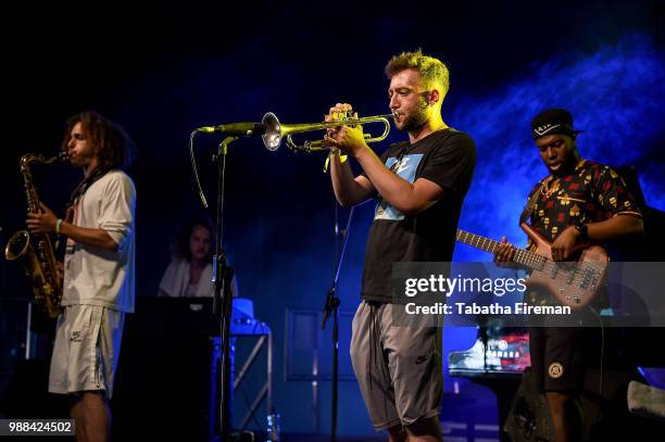 James Mollison, Joe Armon Jones, Dylan Jones, TJ Koleoso of Ezra Collective peroform on the Arena Stage on day 2 of Love Supreme Festival on June 30,...