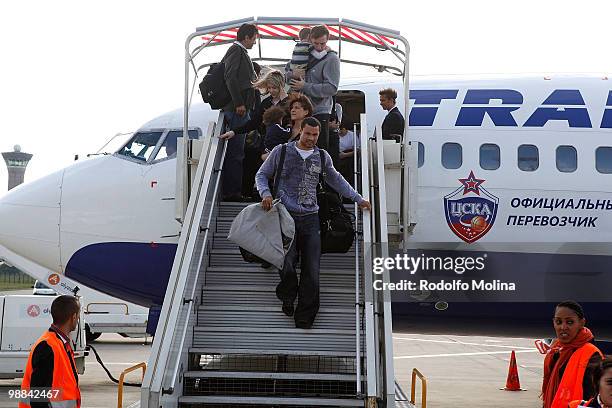 Trajan Langdon, #21 of CSKA Moscow exits a plane during the team's arrival at Charles de Gaulle Airport on May 4, 2010 in Paris, France.