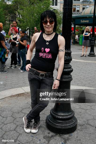 Joan Jett launches PETA's Vegetarian Starter Kit blitz in Union Square on May 4, 2010 in New York City.