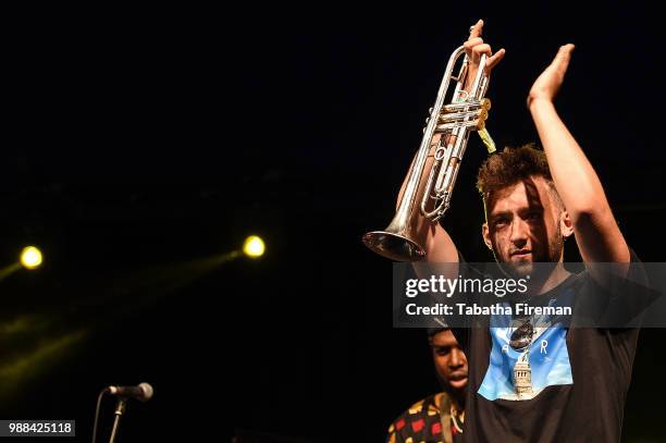 Dylan Jones of Ezra Collective performs on the Arena stage on Day 2 of Love Supreme Festival on June 30, 2018 in Brighton, England.
