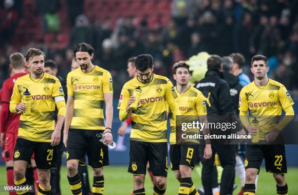 Dortmund's Marcel Schmelzer, Neven Subotic, Nuri Sahin, Raphael Guerreiro and Christian Pulisic pictured after the final whistle in the German...