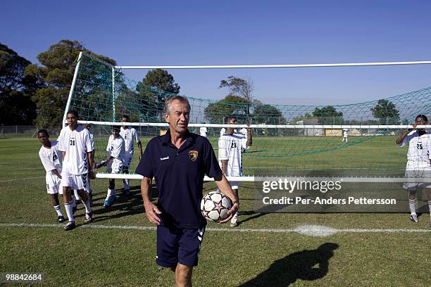 Roald Poulsen, a Danish soccer coach, instructs young and talented soccer players on a field on April 8 in Cape Town, South Africa. Mr. Poulsen is...