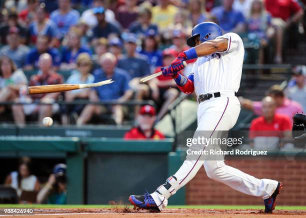 Elvis Andrus of the Texas Rangers breaks his bat on a ground out in the first inning of a baseball game agaisnt the Chicago White Sox at Globe Life...