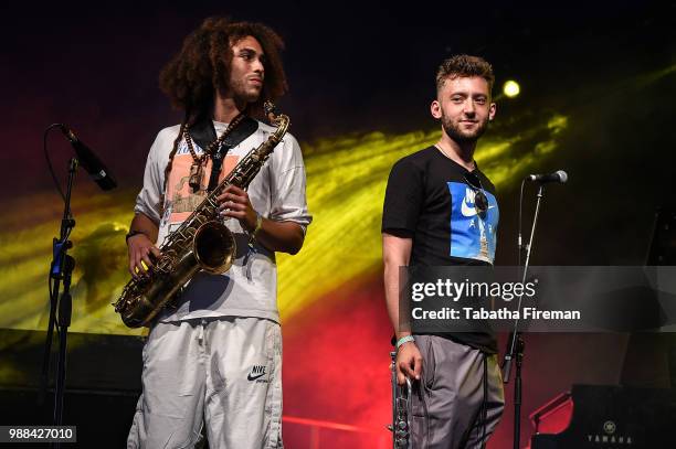 Joe Armon Jones and Dylan Jones of Ezra Collective perform on the Arena stage on Day 2 of Love Supreme Festival on June 30, 2018 in Brighton, England.