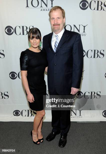 Actress Lea Michele and actor Jeff Daniels pose for a photo backstage prior to the announcement of the 2010 Tony Awards nominations at The New York...