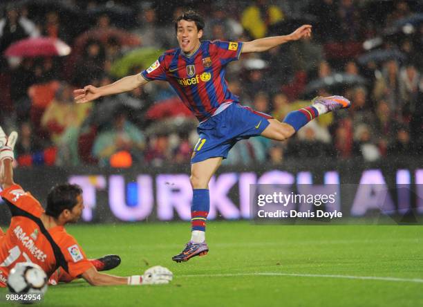 Bojan Krkic of Barcelona scores his team's second goal during the La Liga match between Barcelona and Tenerife at Camp Nou stadium on May 4, 2010 in...