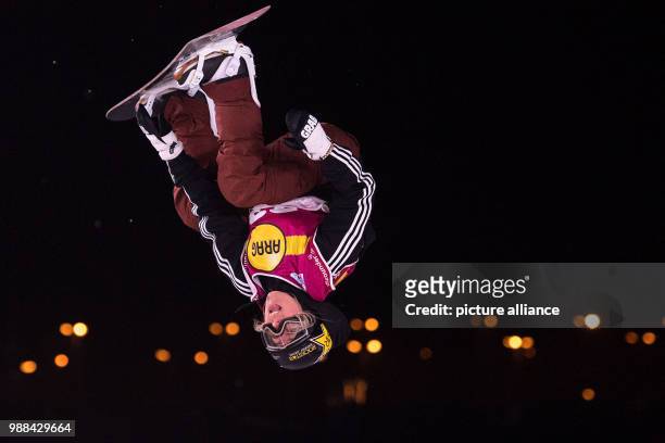 3rd-placed Christy Prior in action during the Big Air women's final of the Snowboard World Cup at the SparkassenPark in Moenchengladbach, Germany, 2...