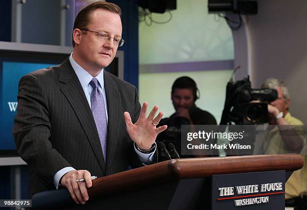 White House Press Secretary Robert Gibbs speaks during his daily press briefing at the White House on May 4, 2010 in Washington, DC. Gibbs spoke...