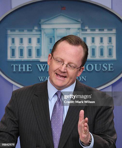 White House Press Secretary Robert Gibbs speaks during his daily press briefing at the White House on May 4, 2010 in Washington, DC. Gibbs spoke...