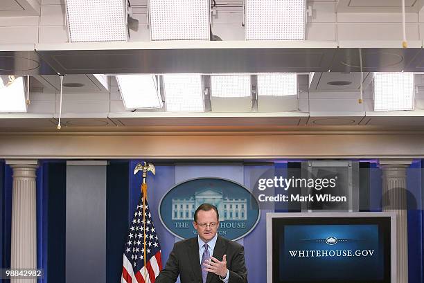 White House Press Secretary Robert Gibbs speaks during his daily press briefing at the White House on May 4, 2010 in Washington, DC. Gibbs spoke...