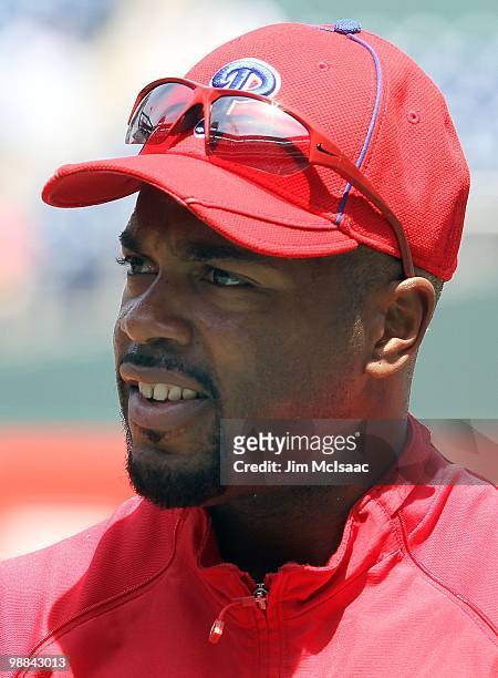 Jimmy Rollins of the Philadelphia Phillies looks on during batting practice before playing against the New York Mets at Citizens Bank Park on May 1,...