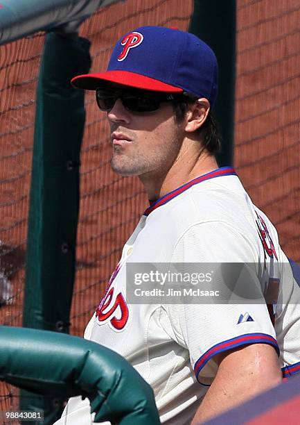 Cole Hamels of the Philadelphia Phillies looks on against the New York Mets at Citizens Bank Park on May 1, 2010 in Philadelphia, Pennsylvania.