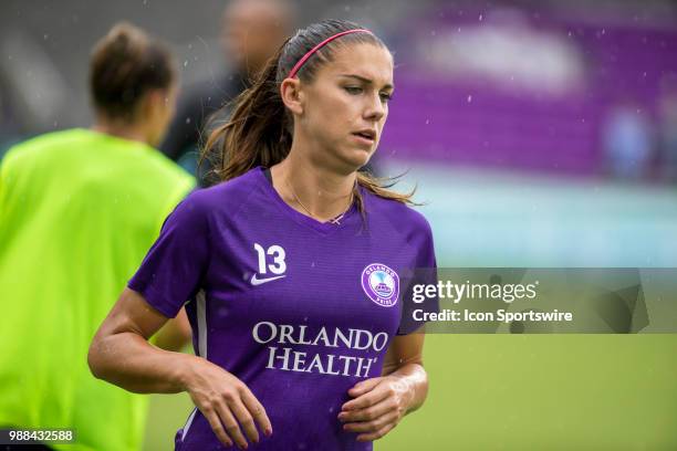 Orlando Pride forward Alex Morgan warms up before the soccer match between the Orlando Pride and the NC Courage on June 30, 2018 at Orlando City...