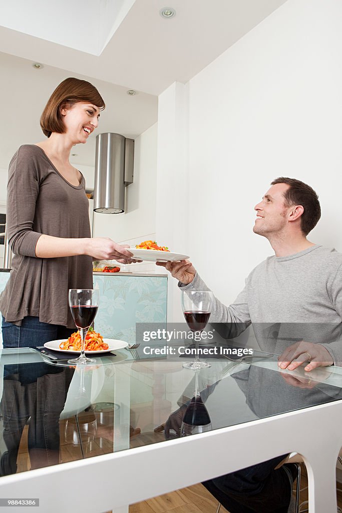 Woman passing plate to husband