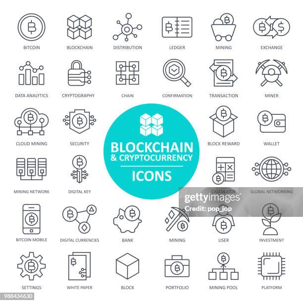 blockchain cryptocurrency bitcoin icon set - thin line - construction platform stock illustrations