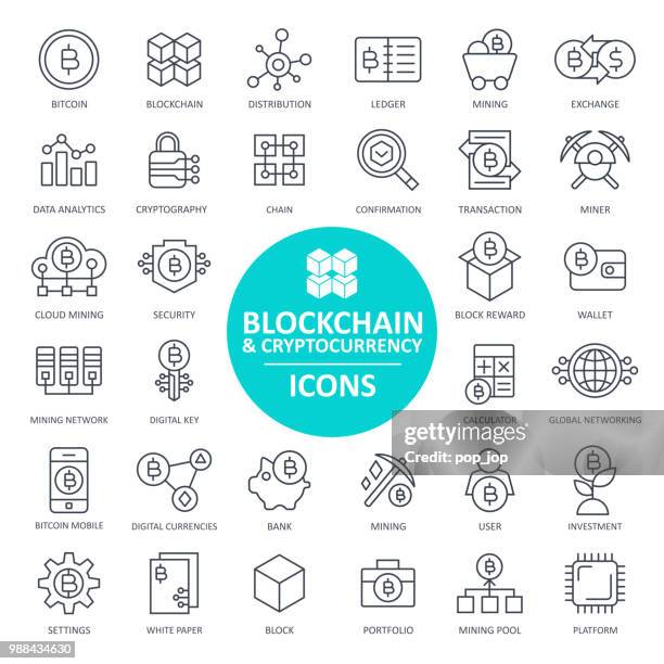 blockchain cryptocurrency bitcoin icon set - thin line - miner icon stock illustrations