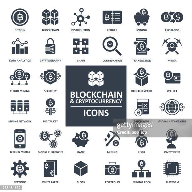 ilustrações de stock, clip art, desenhos animados e ícones de blockchain cryptocurrency bitcoin icon set - bitcoin mining