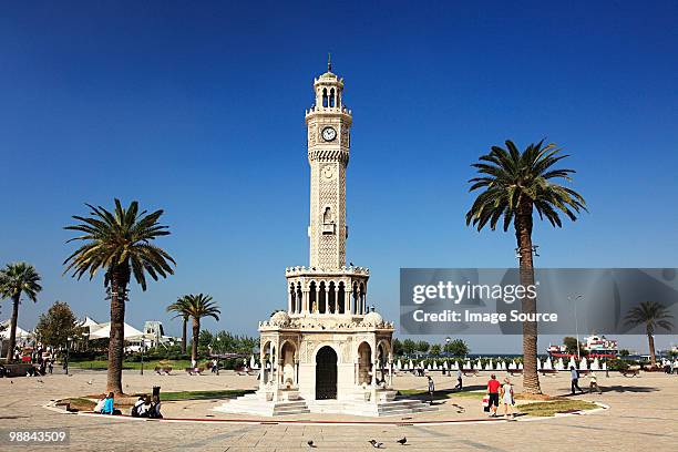 clock tower in konak square izmir turkey - izmir stockfoto's en -beelden