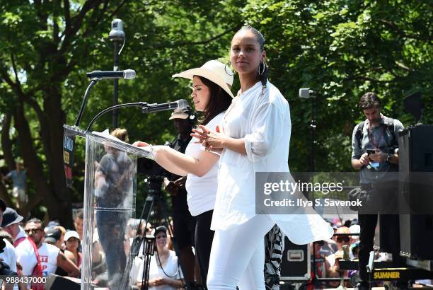 Alicia Keys and America Ferrera speak during Families Belong Together Rally In Washington DC Sponsored By MoveOn, National Domestic Workers Alliance,...