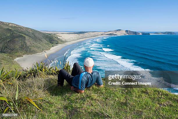 northland, cape reigna, man laying on grass, looking towards beach - noordereiland-nieuw-zeeland stockfoto's en -beelden