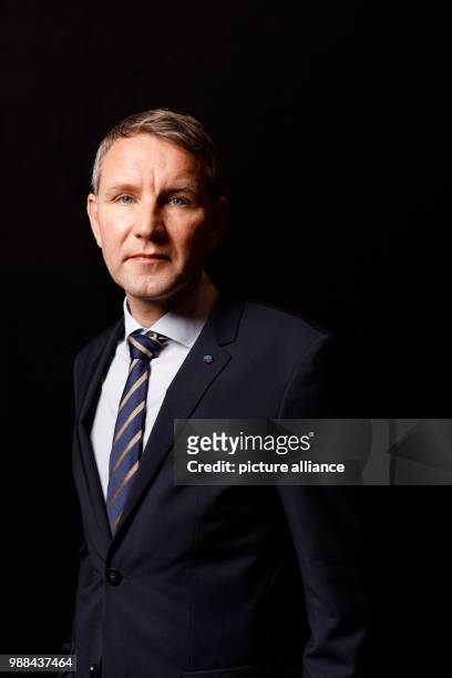 Bjoern Hoecke, leader of the faction of the Alternative for Germany in Thuringia, stands in a mobile photo studio in the course of the AfD's party...