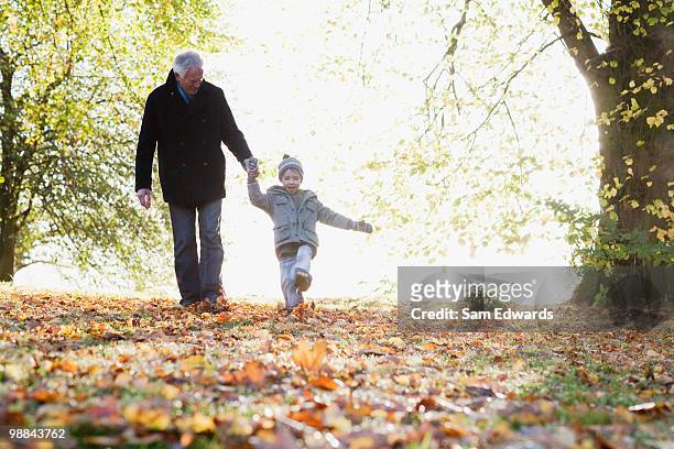 grandfather walking outdoors with grandson in autumn - grandfather stock pictures, royalty-free photos & images