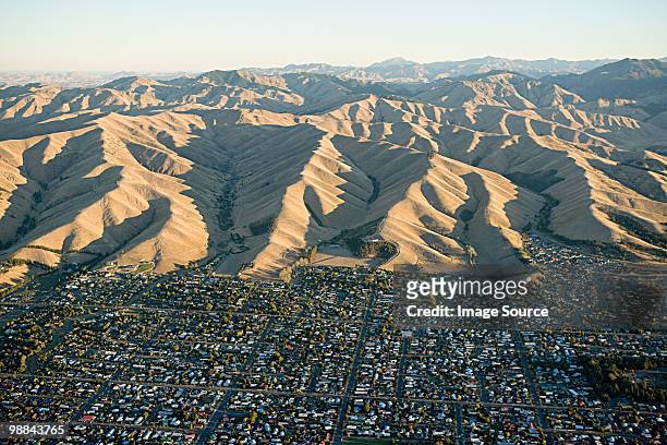 aerial view of blenheim and kaikoura range - blenheim new zealand stock pictures, royalty-free photos & images