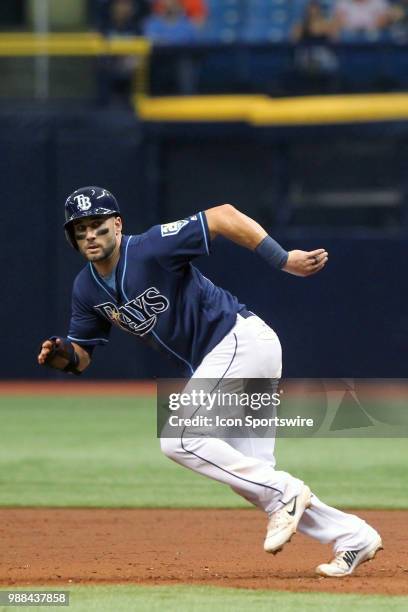 Kevin Kiermaier of the Rays hustles over to second base during the MLB regular season game between the Houston Astros and the Tampa Bay Rays on June...