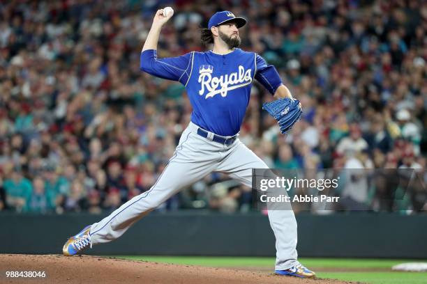 Jason Hammel pitches against the Seattle Mariners in the first inning during their game at Safeco Field on June 30, 2018 in Seattle, Washington.