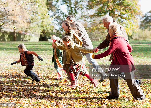 extended family running in park - medium group of people stock pictures, royalty-free photos & images