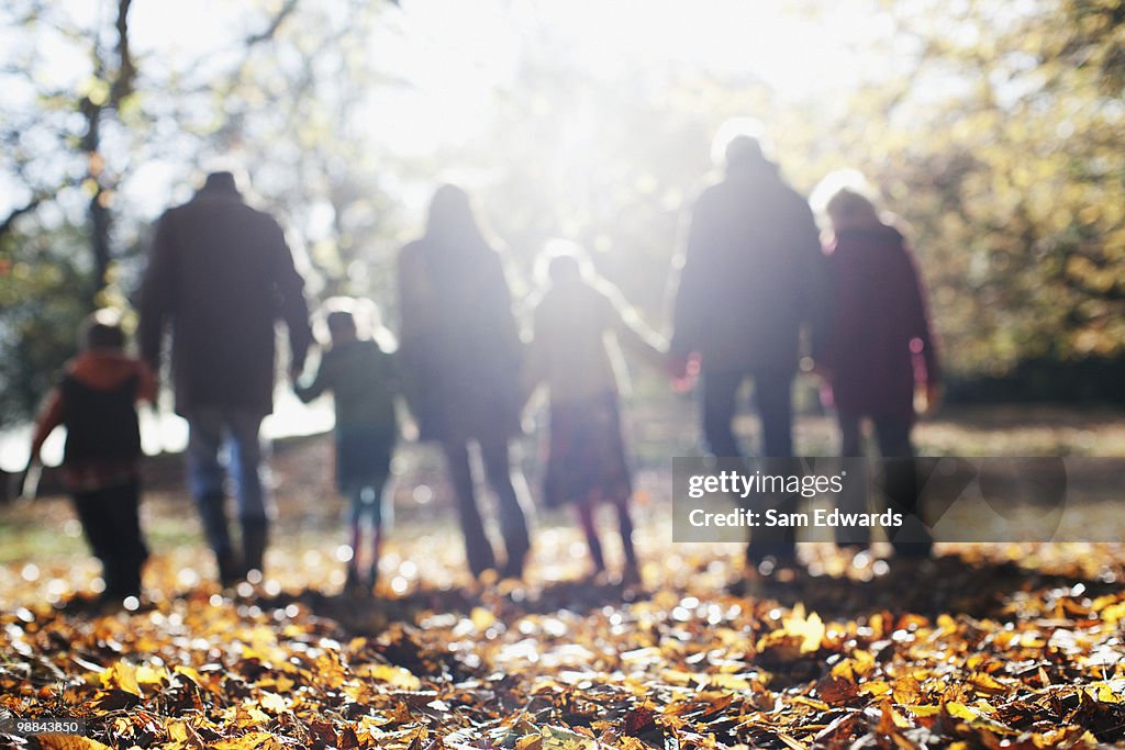 Extended family walking in park in autumn