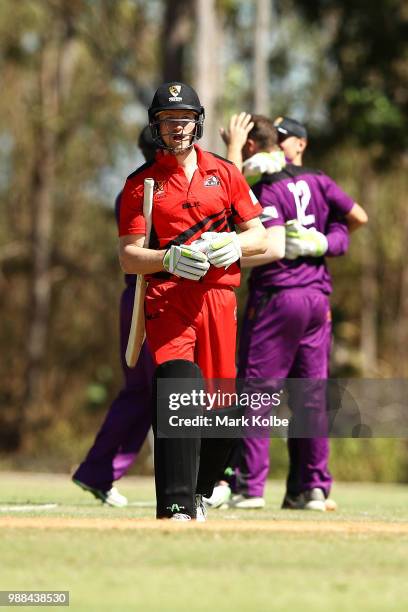 Cameron Bancroft of the Desert Blaze looks dejected as he leaves the field after being dismissed during the Strike League match between the Desert...