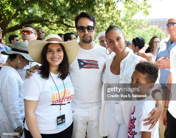 America Ferrera, Lin-Manuel Miranda, Alicia Keys and her son Egypt pose during Families Belong Together Rally In Washington DC Sponsored By MoveOn,...