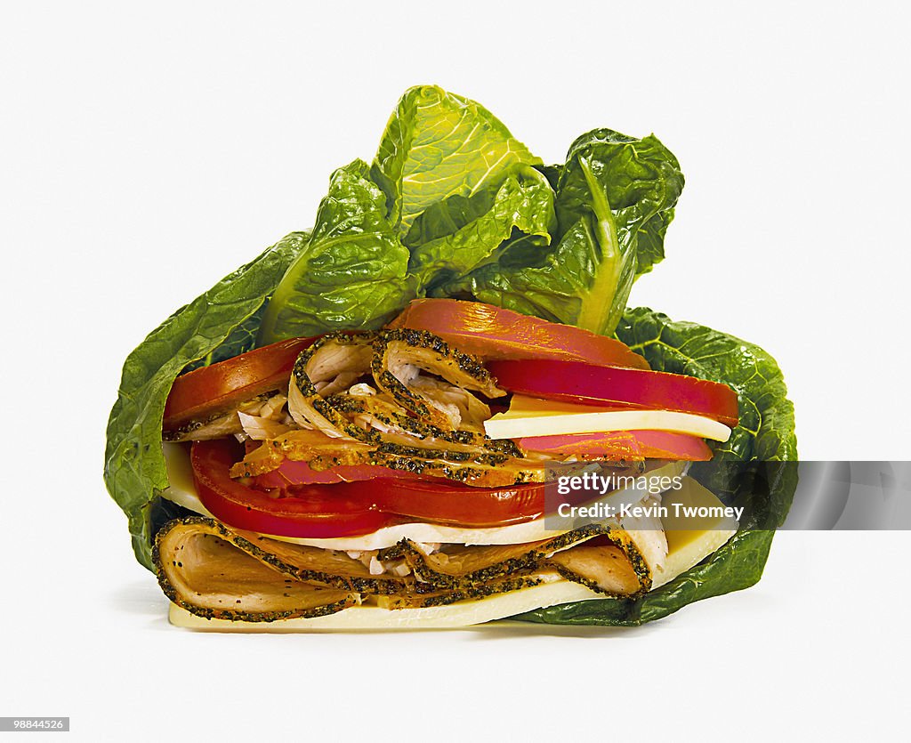 Close up of meat, tomatoes and cheese wrapped in lettuce