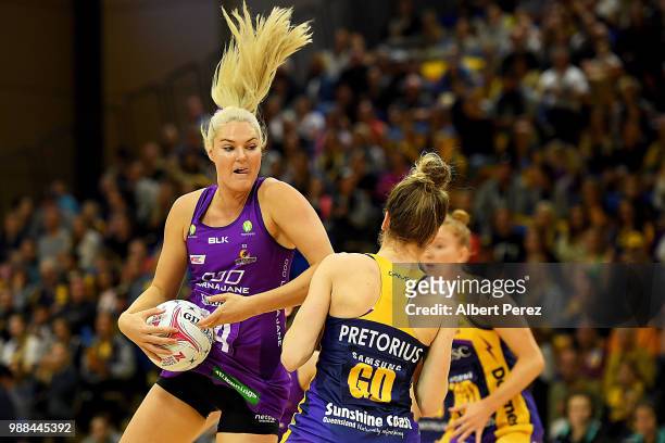 Gretel Tippett of the Firebirds in action during the round nine Super Netball match between the Lightning and the Firebirds at University of the...