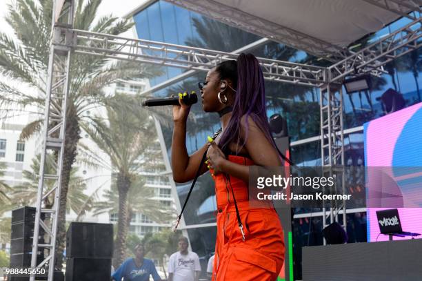 Justine Skye performs on stage at the Sprint IWXIV BBQ Beach Bash and Concert during Irie Weekend 2018 at the Fontainebleau Miami Beach on June 30,...